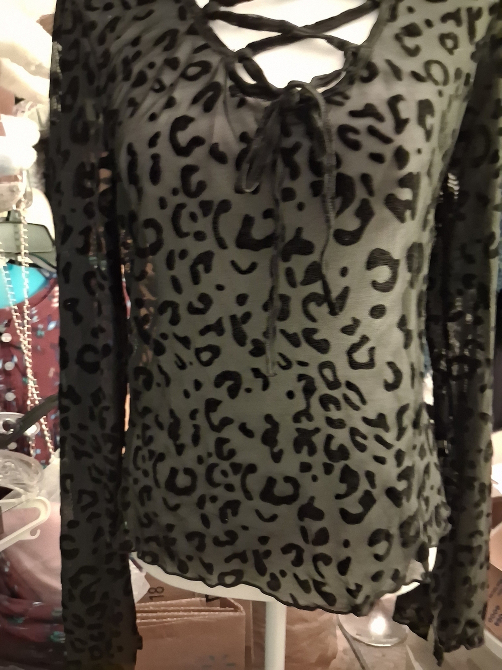New,Tag,Lace Up Leopard Print Long Bell Sleeve Mesh Sheer Flocked Effect Top L